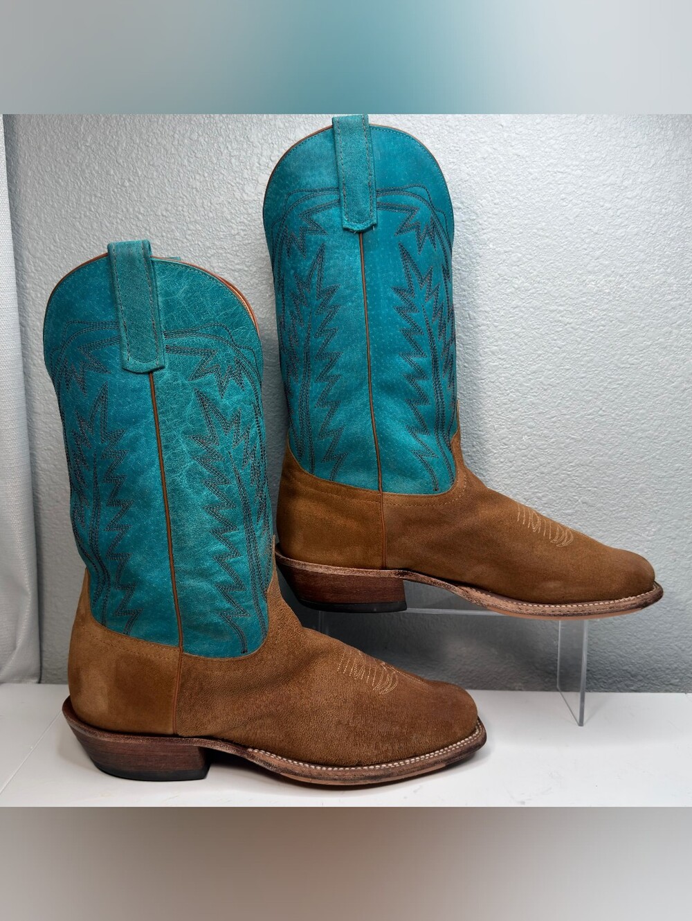 Anderson Bean Square Toe Roughout Tan Marine Field Turquoise Western Boot 12 EE